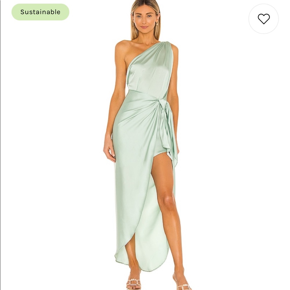 Green satin dress from Revolve. Sustainable material.